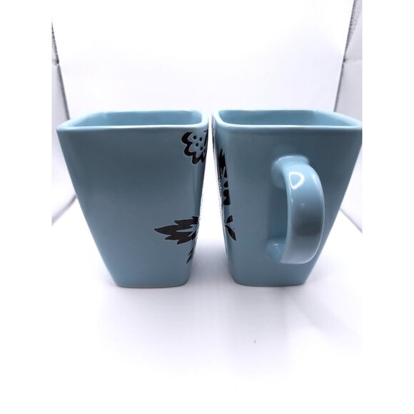 Set Of 2 Mystic Passage Blue Square Ceramic Mugs With Black Floral Design Dishwa - Picture 6 of 9
